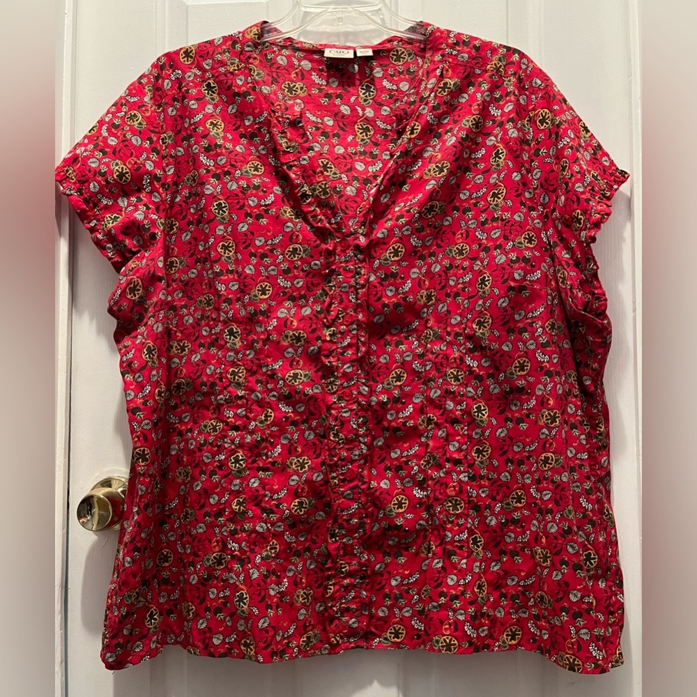 Cato Womens 26/28W Top Red Short Sleeve Ruffle Button Up Pleated Blouse